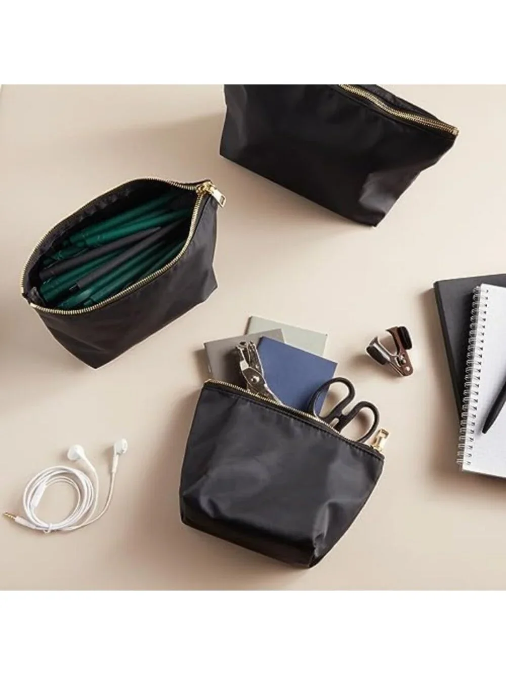 3-Piece Black Makeup Bag Set for Women | Nylon Zipper Cosmetic Pouches for